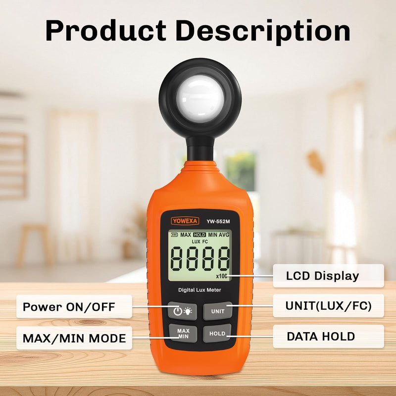 [Australia - AusPower] - YW-552M Light Meter, Digital Lux Meter 0~200,000 Lux(0~20,000 Fc) with Backlight, Max/Min, Data Hold, Foot Candle & Lux Unit Switch, for Photography, Plants, Office, and Indoor Lighting 