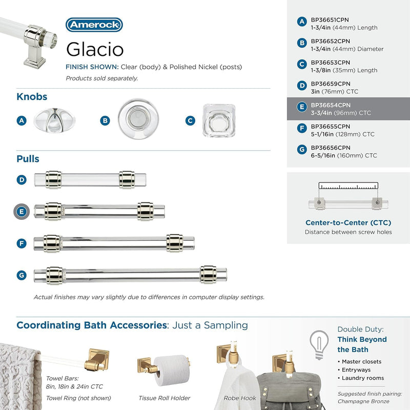 Amerock | Cabinet Pull | Clear/Polished Nickel | 3-3/4 inch (96 mm) Center-to-Center | Glacio | 1 Pack | Drawer Pull | Drawer Handle | Cabinet Hardware