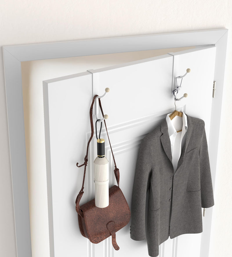 [Australia - AusPower] - Over The Door Hooks Hanger, Super Heavy Duty Metal Double Hooks - Twin Hooks Bathroom Accessories and Coat Towel Rack Organization - No-Installation, Matte White, 2 Pack 
