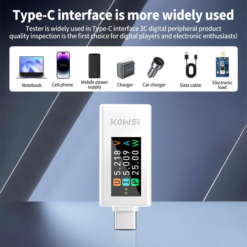 [Australia - AusPower] - USB C Tester Voltage and Current Tester Meter Voltmeter Power Bank Capacity USB Cable Charger Detector with Manual （KWS-1902L White 