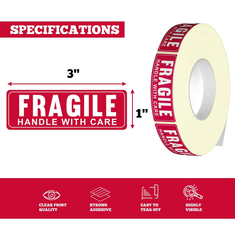 Performore Warning Fragile Stickers, 1 X 3 Fragile Handle with Care Stickers, Fragile Tape for Packing and Shipping, 1000 Labels Per Roll with Permanent Adhesive 1" X 3"