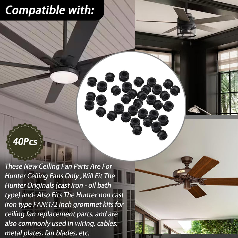 40PCS Antique/Vintage/Discontinued rubber grommets Replacement/Rubber Grommets fits for Hunter Ceiling Fan.Ceiling Fan Replacement Parts (40Pcs black) 40