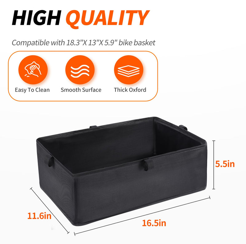 [Australia - AusPower] - DIRZA Bike Basket Liner with Waterproof Cover and Cargo Net, Heavy Duty Thickened Oxford Cloth Black Basket for Rear Bike Rack 16.5" x 11.6" x 5.5" 