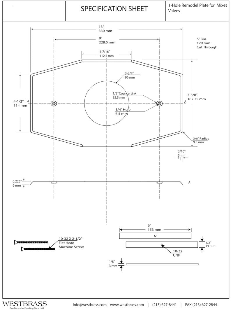 Westbrass A503-62 One-Hole Remodel Cover Plate for Mixet Bathtub and Shower Valves, Matte Black