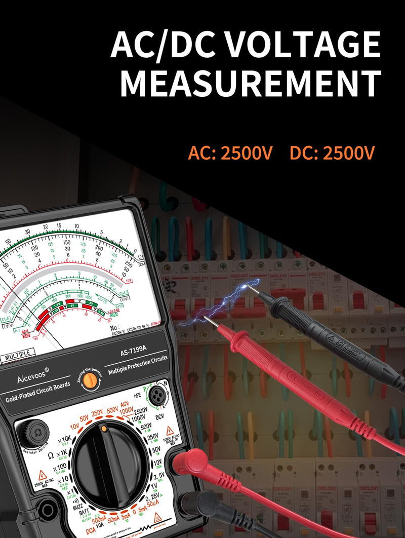 [Australia - AusPower] - Analog Multimeter AS-7199A, Pointer Multimeter, AC DC Volt 2500V, DC Current 10A, Rx 100K, Batt Tester, Diode/LED Testing, Remote Control Detection, 11 Function, 24 Range 