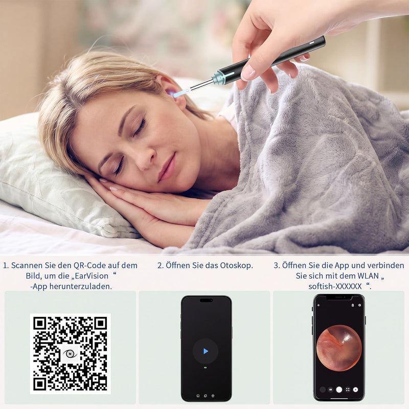 Earwax Remover Otoscope, VITCOCO 1920P Ear Cleaner, IP67 Waterproof Ear Cleaner, WiFi Otoscope Camera with 6 LEDs for iPhone, iPad and Android Smartphones, Black | IP67 Waterproof Lens Ohrreiniger, 230mAh Battery Ohr Reinigung Kompatibel mit Android-Sm...