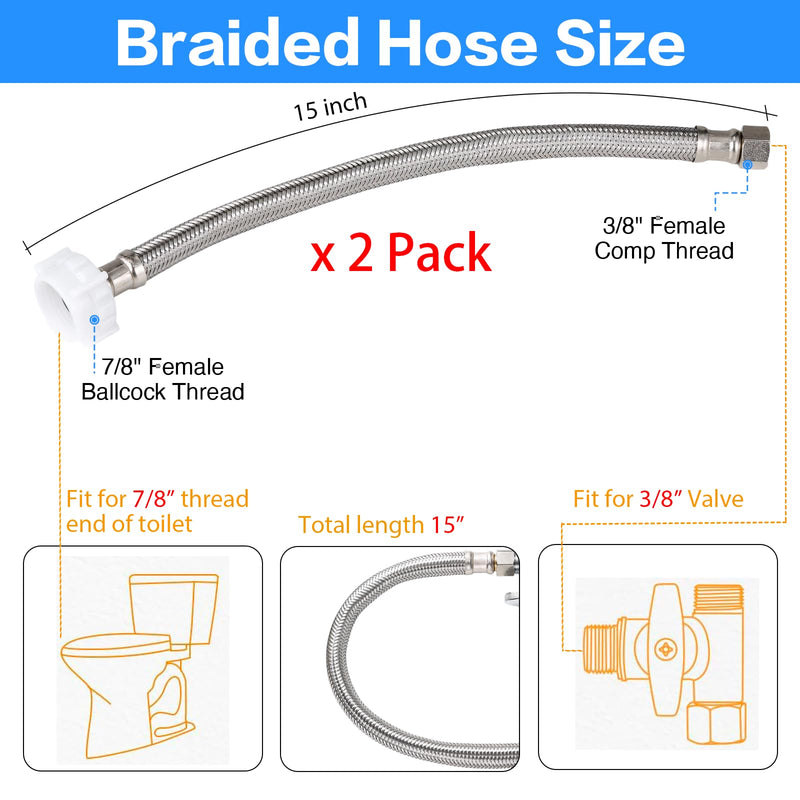 2Pack, 15 inches- Toilet Hose Water Supply Line Kit - 3/8" COMP x 7/8" BC Braided Toilet Connector Hose & 1/2 inch NOM Inlet x 3/8 inch OD Compression Outlet Angle Shut Off & Escutcheon Plate 15 inch ( Two Sets）