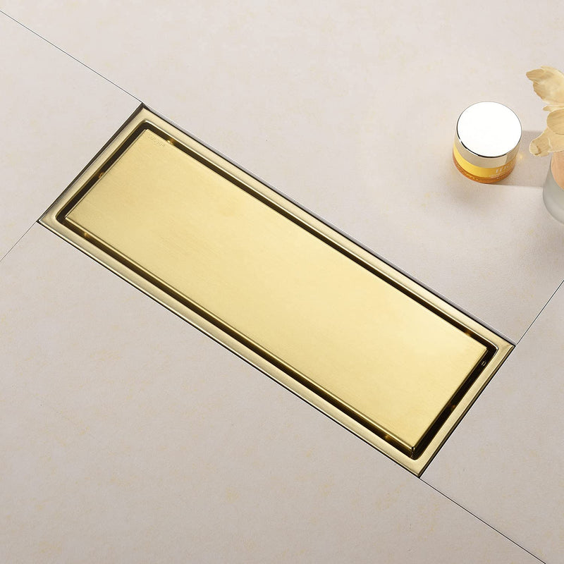 Linear Shower Drain Pipe 12 Inches Brushed Gold, with Tile Insert Grille, Detachable Hidden Cover, SUS304 Stainless Steel Rectangular Floor Drain