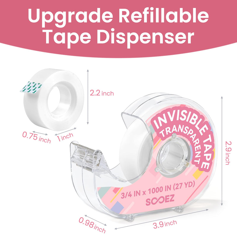 Sooez Invisible Tape for Gift Wrapping, 3 Mega Rolls = 9 Regular, 3/4″x 1000″, 3 Rolls with 3 Tape Dispenser Engineered for Repairing, Clear Tape for Christmas Wrapping, Paper, Office&School Supplies