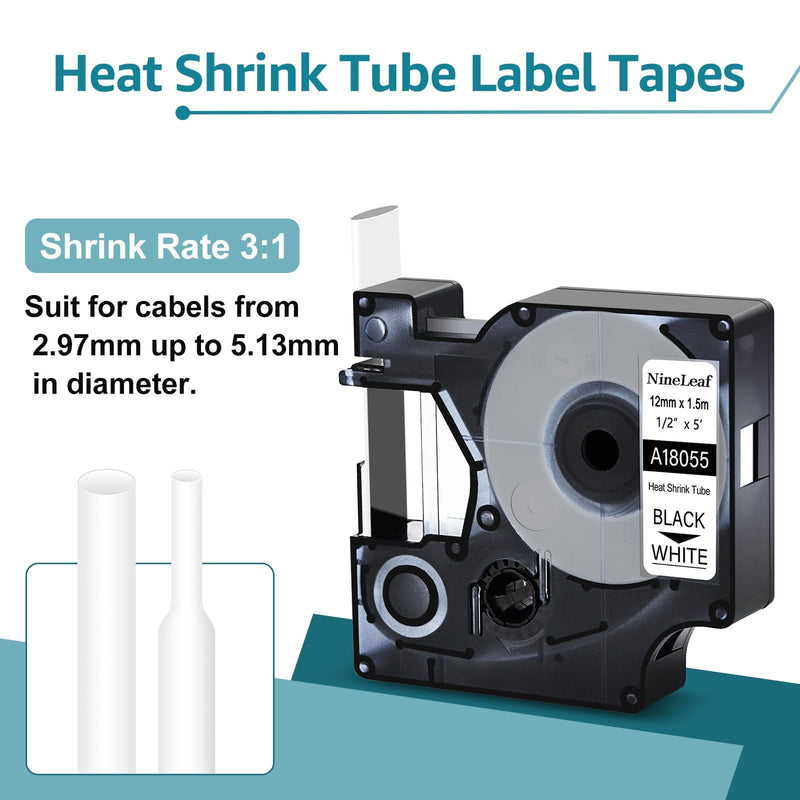 NineLeaf 4 Pack Compatible Labels Tape Replacement for Dymo 18055 1/2 inch Black on White Heat Shrink Tube Labels 12mm x 1.5m for Wires and Cables Use in Rhino 4200 5200 5000 6000 3M Label Maker