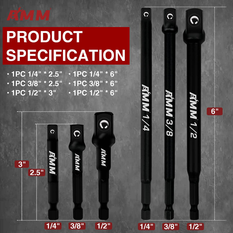 [Australia - AusPower] - AMM 6-Piece Impact Grade Socket Adapter Set, 3-Inch & 6-Inch Power Drill Socket Driver Adaptor, 1/4", 3/8", 1/2" Hex Shank Adapt Your Power Drill To High Torque Impact Wrench 6PCS?3 and 6-Inch? 
