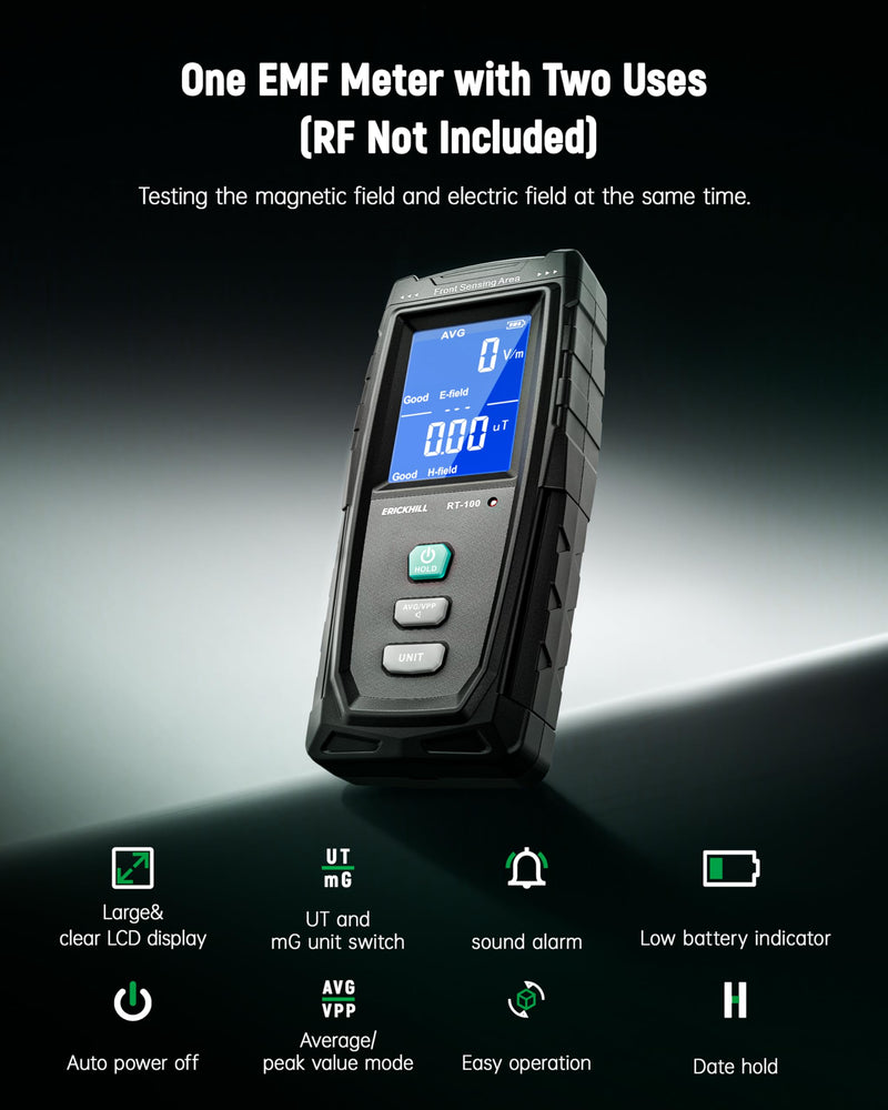 [Australia - AusPower] - ERICKHILL EMF Detector, Rechargeable Digital Electromagnetic Field Radiation Detector Hand-held Digital LCD EMF Meter Great Tester for Home EMF Inspections, Office, Ghost Hunting (RF Not Included) 