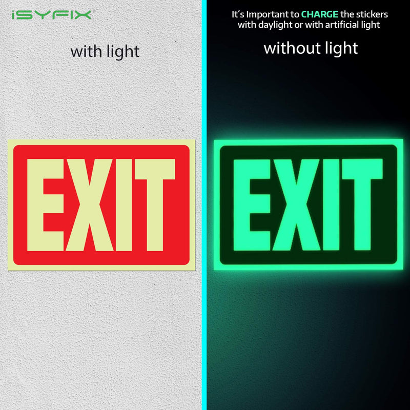 [Australia - AusPower] - iSYFIX Exit Glow in the Dark Sign Stickers Red – 2 Pack 10x7 Inch – Photoluminescent Vinyl, Laminated for UV, Weather & Fade Resistance, Indoor & Outdoor for Business, School, Office, Warehouse Photoluminescent Premium Quality Vinyl, UV Protected 