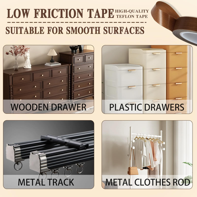 Low Friction Drawer Slide Tape - 2 Rolls 1/2" x33FT, Squeak Resistant & Abrasion Resistance Surface Protection Tape for Furniture, Tools,Wood,Drawer,Cabinet,Curtain(Brown) Brown