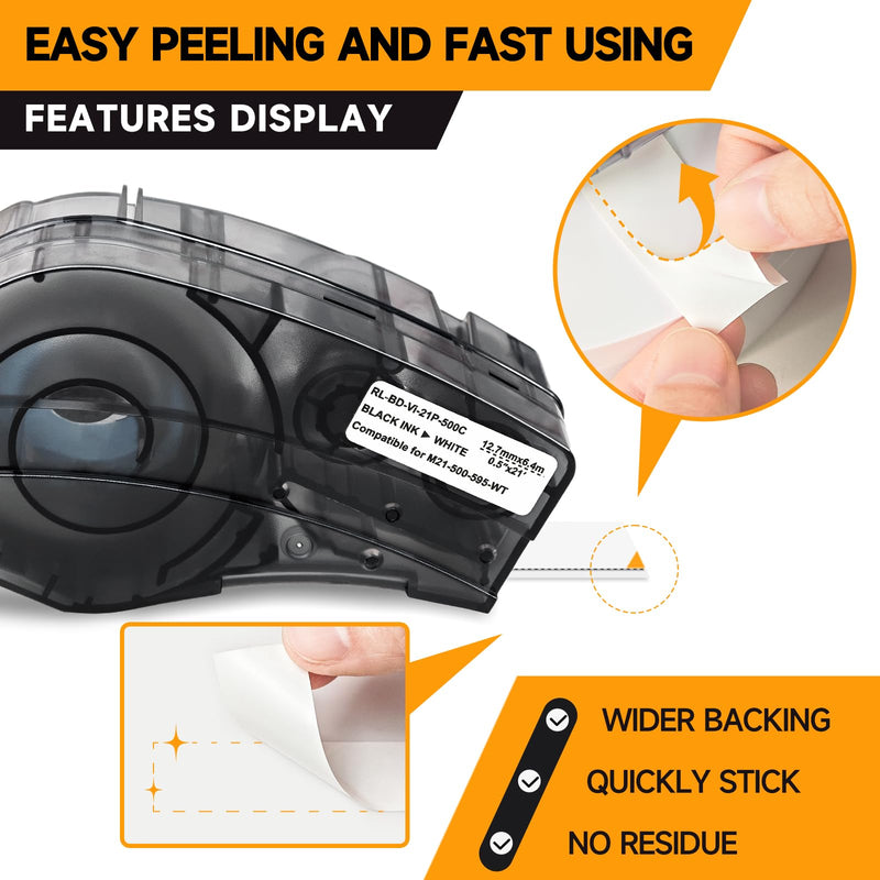 Replacement for Label Tape M21-500-595-WT, All-Weather Vinyl Label 1/2" W 21' L Black on White Compatible with M210 and M210-LAB Printer, for Indoor/Outdoor Labels, 1Pcs 0.5" x 21' Vinyl Label Compatible with M21-500-595-WT