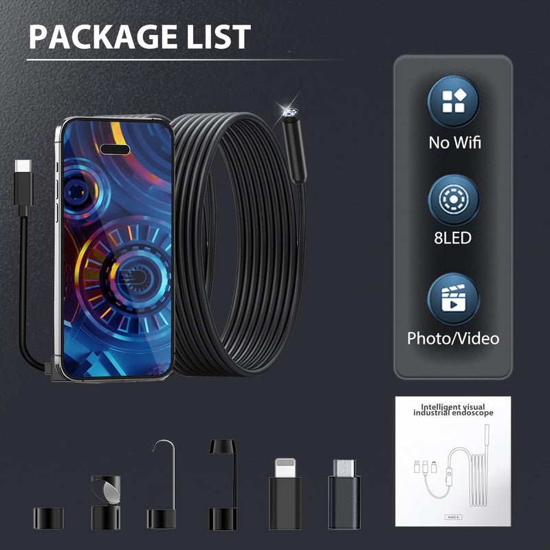 Endoscope Camera with Light 10 m, 1080P HD Endoscope Camera Mobile Phone Waterproof IP67 No WiFi Required Inspection Camera Channel Camera Mobile Phone with 8 LED Lights for Android & iOS, Tablet 32.8 ft/10 m