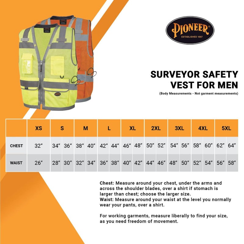 Pioneer Surveyor Safety Vest for Men – Hi Vis Reflective Neon, Cool Mesh, Padded Collar, 11 Pockets, Zipper, 2” Tape – Orange or Yellow/Green XX-Large Green