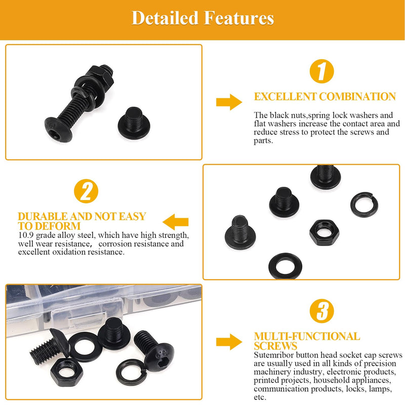 [Australia - AusPower] - 245 Pieces M5 Screws Nuts Washers Set Black, Sutemribor M5 x 6/8/10/12/16/20/25mm Button Head Socket Cap Screws Nuts Washers Assortment Kit, 10.9 Grade Alloy Steel, Fully Threaded 