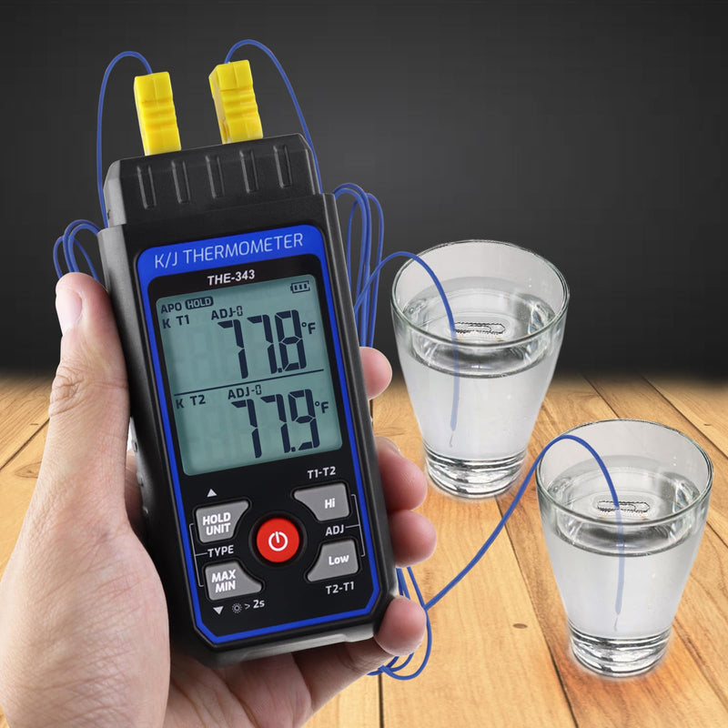 [Australia - AusPower] - Thermocouple Thermometer HVAC Temperature Meter, Digital Temperature Thermometer with 2 Temperature Clamp & 2 Wired Thermocouple Probes, Dual Channel with Alarm & ADJ Compensation (-328~2500℉ Range) 