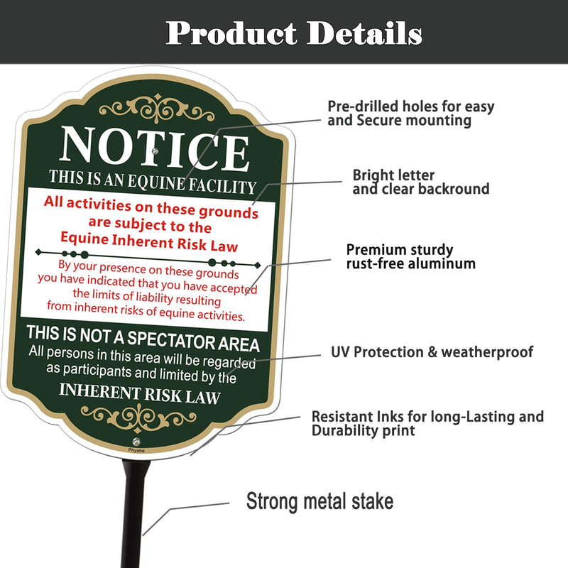 Equine Liability Sign with Stake, Horse Barn Stable Farm Statute, Aluminum Metal Sign With 35" Total Length Durble Stake, Heavy Duty Weather Resistance