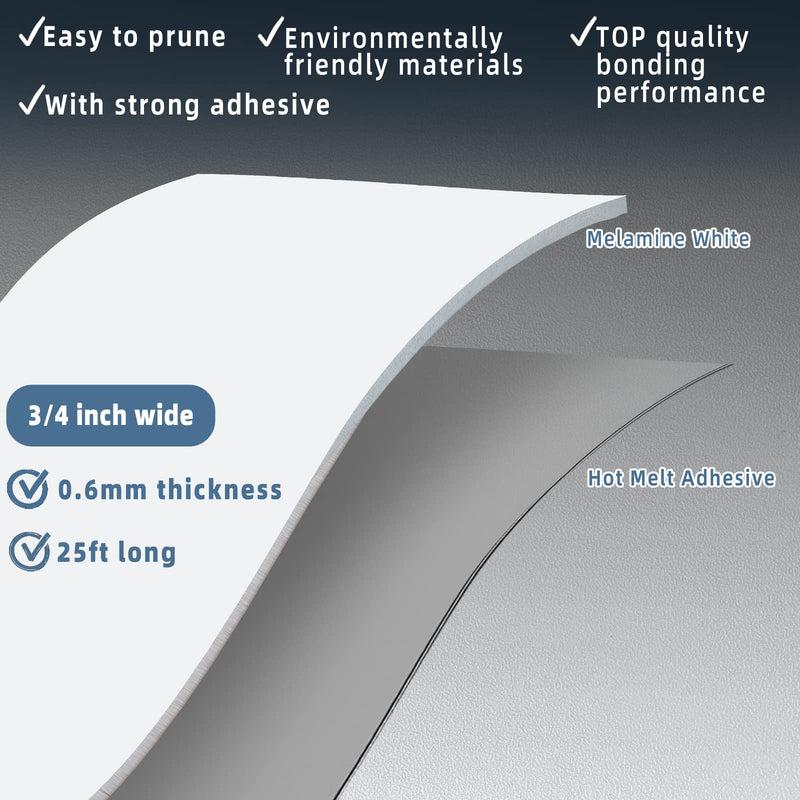 White Melamine Edge Banding, 3/4 inch x 25ft roll of Veneer Edge Banding Pre-glued, Real Wood Tape for Cabinet Repair White 3/4"x 25ft