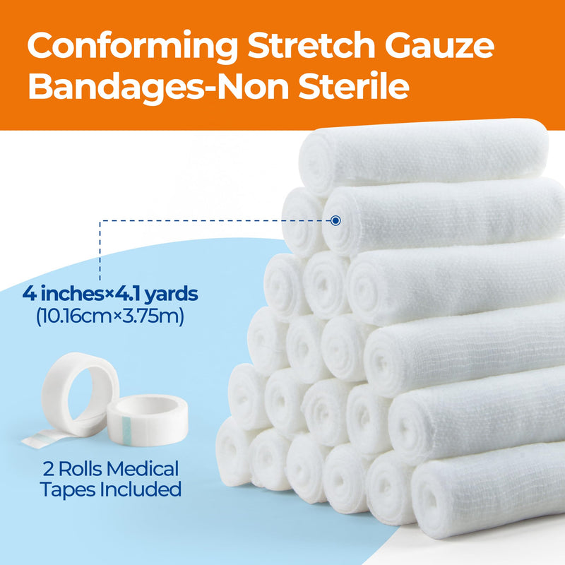 [Australia - AusPower] - 24 Pack Gauze Roll Bandages, Conforming Stretch Gauze Bandage Non-Sterile, Individually Wrapped 4" x 4.1yds Includes Medical Tape, Premium First Aid Supplies and Wound Dressings 4" x 4.1yds 24rolls 