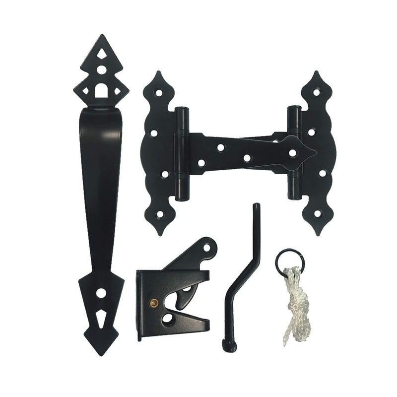Nuvo Iron Black Decorative Ornamental Tee Hinge Set - Includes Handle, Hinges, Latch and Catch- 5" 1