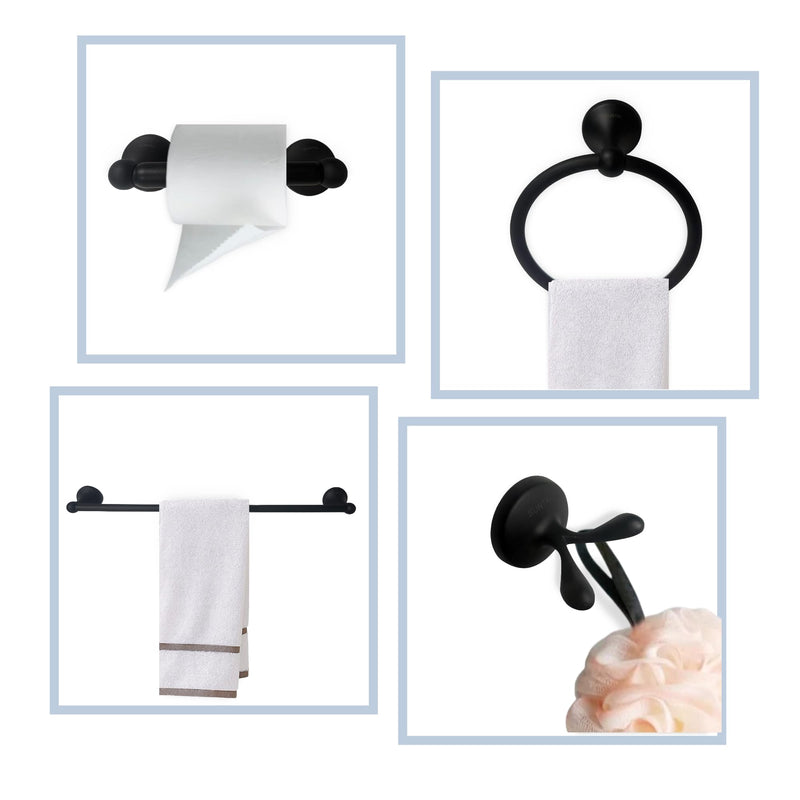 SUNTAI 4 Piece Bathroom Accessory Set(Adjustable Towel Bar, Towel Ring, Toilet Paper Holder,Towel Hook), Wall Mounted Bathroom Hardware Accessories Set,Matte Black