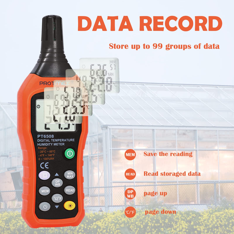 Protmex Digital Temperature Humidity Meter, Thermometer Hygrometer with Ambient Dew Point and Wet Bulb Temperature Indoor and Outdoor, Data Logger with Min/Max Hold, LCD Backlight, PT6508 Black+Orange