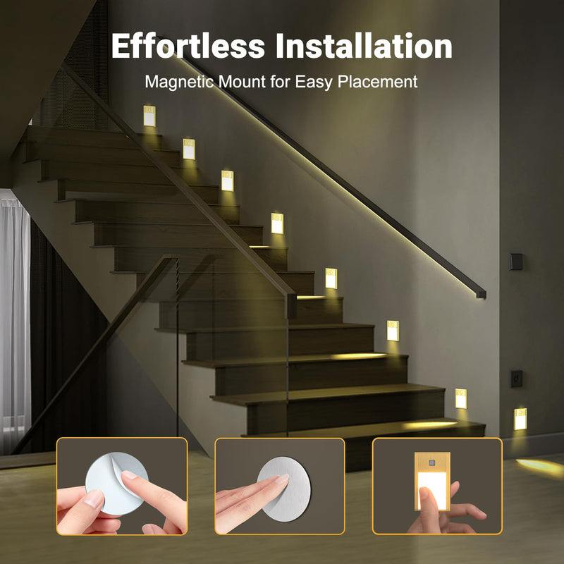 V4light Rechargeable Motion Sensor Night Lights, Ultra-Thin LED Stair Lighting for Safe Night Walking, Brushed Gold Aluminum Alloy, Magnetic Mount, 3000K Warm White Light, Ideal for Hallways & Stairs 4Pack