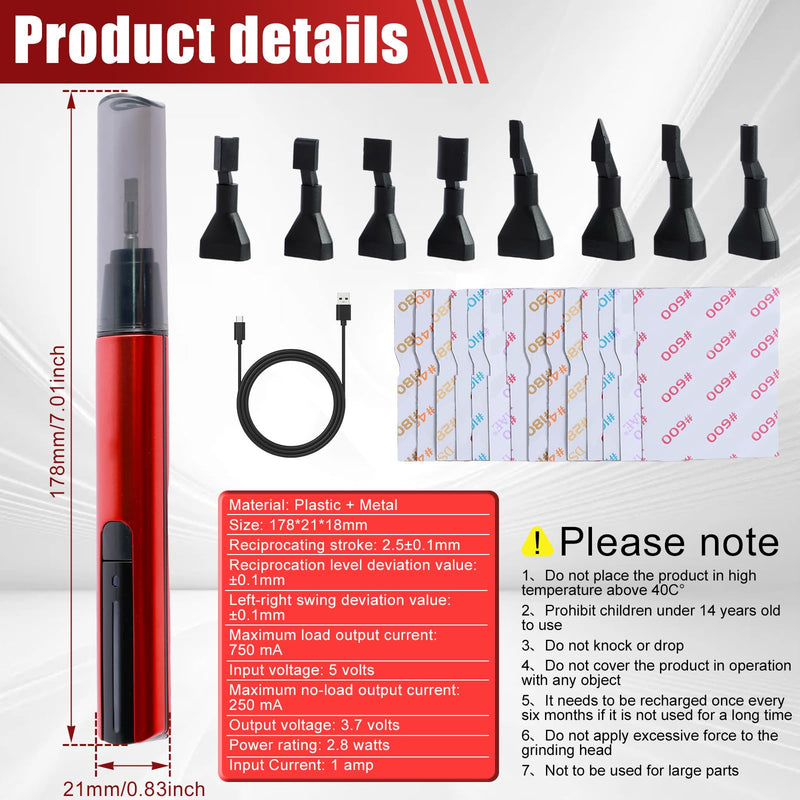Sabre grinder with 8 types of grinding heads, 12 types of sandpaper, mini pen sander, overload protection, 3-speed reciprocating sander, USB fast charge, electric grinding pen, 10 functional light effects
