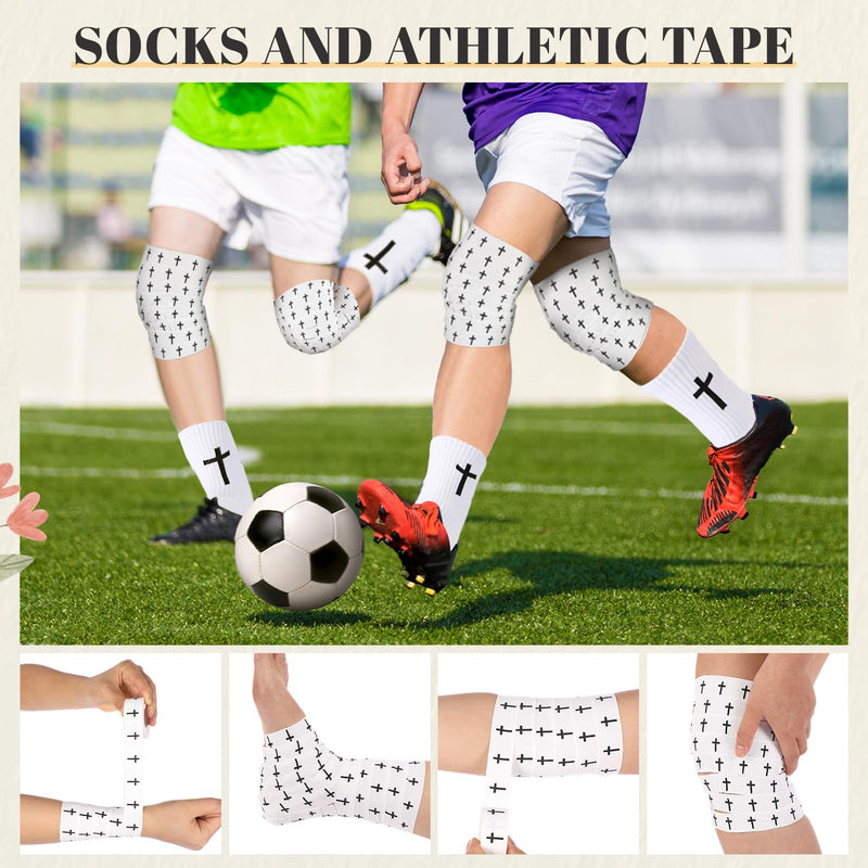 TrelaCo 2 Sets Cross Grip Socks with 2 Pcs Christian Athletic Tape Jesus Soccer Grip Socks Cotton Sports Athletic Tape Serrated Edges for Easter Gifts Football Baseball(White,Cross) White