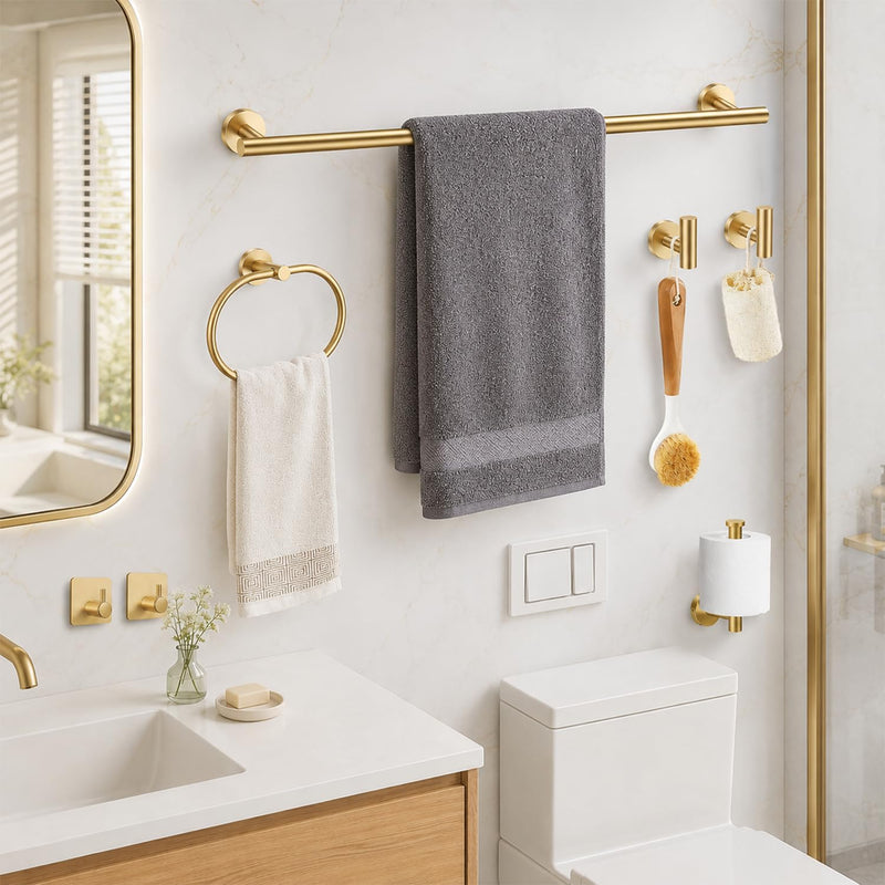 Brushed Gold Bathroom Accessories Set, 7 Pieces Gold Towel Bar Bathroom Hardware Set, 31.5 Inch Towel Racks for Bathroom, SUS304 Stainless Steel Bathroom Towel Holder Toilet Paper Holder Wall Mounted Brusehd Gold