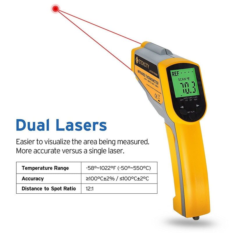 Etekcity Lasergrip 1030D Infrared Thermometer (Not for Human) Gun Dual Laser Non-Contact Temperature Filtering-58℉ to 1022℉ (-50℃ to 550℃), 8.9 x 2.2 x 5.3, Yellow & Gray