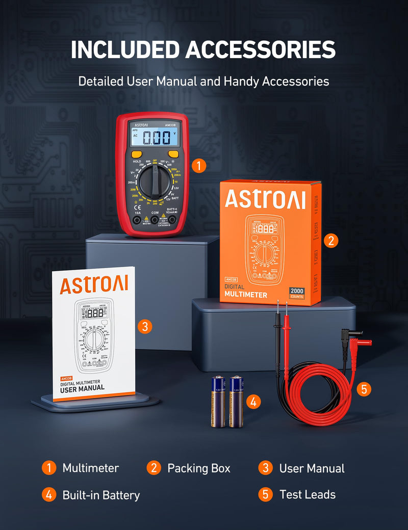 [Australia - AusPower] - AstroAI Digital Multimeter Tester 2000 Counts with DC AC Voltmeter and Ohm Volt Amp Meter; Measures Voltage, Current, Resistance, Continuity and Diode (AM33B) 