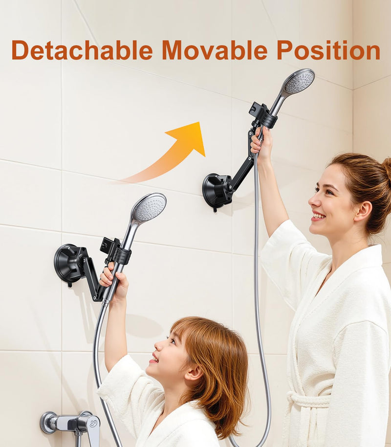 Adjustable Shower Head Holder, Large Size Strong Suction Cup Handheld Shower Wand Holder with 360°Rotation & Telescopic Arm,Wall Mount for RV/Bathroom, No Drill Adhesive Free Showerhead Mount Hanger