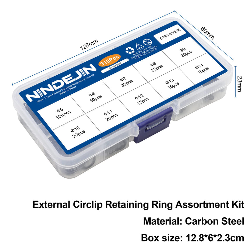 [Australia - AusPower] - NINDEJIN Snap Ring Shop Assortment, 310PCS External Retaining Rings 5-14mm (0.20''-0.55'') Carbon Steel Snap Retaining C Clip Rings Kit for Grooved Shafts, Studs, and Other Moving Parts 310PCS (5-14mm) 