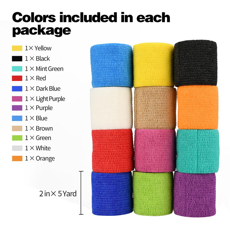 [Australia - AusPower] - 12/24/48/72pcs Self Adhesive Bandage Wraps, 2in 5 Yards, Multicolor (2 Inch, 12 Pack Multicolor) 2 Inch 