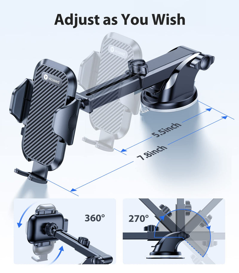 [Australia - AusPower] - VICSEED Phone Holders for Your Car [Super Suction Power & No-Wobbling] Universal Cell Phone Mount Dashboard Windshield Vent Long Arm Hands Free Cradle Fit for iPhone, Android and All Smartphones Classic Black 
