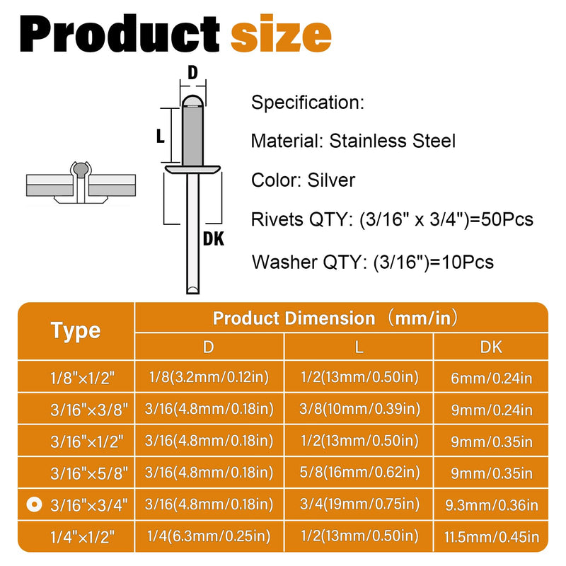 [Australia - AusPower] - 60pcs 3/16" x 3/4" Stainless Steel Pop Rivets with Stainless Steel Washers 4.8 x 20mm Blind Rivet Assortment Kit 3/16*3/4 
