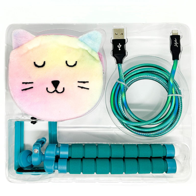 [Australia - AusPower] - 3-Piece Smartphone Accessory Kit for Kids – Flexible Tripod, 6ft. Charging Cable, Plush Cat Carrying Case (Lucky Kitty) – Vlogging, Influencer Kit for Kids Lucky Kitty Pouch 