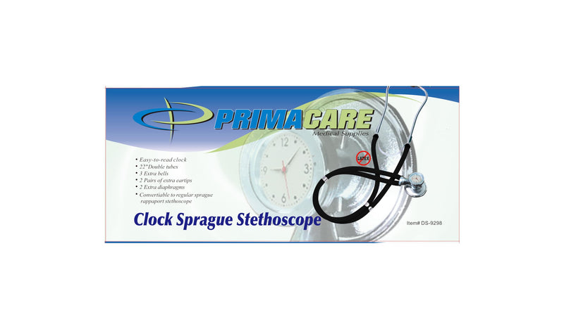 [Australia - AusPower] - Primacare DS-9298 Black Medical Clock Stethoscope with Analog Watch, 22" Tubing Convertible Regular Sprague Rappaport Stethoscopes, First Aid Emergency Essential Kits with Headset 