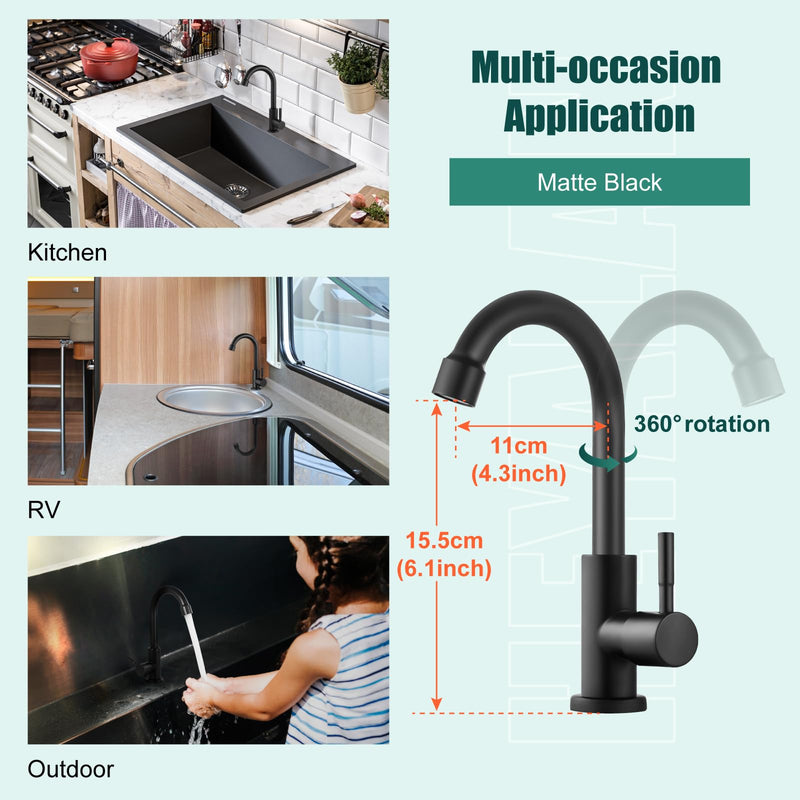 Heyalan Cold Water Only Kitchen Faucet, SUS304 Stainless Steel Bar Sink Faucet, Single Handle High Arc Gooseneck, 1 Hole Deck Mount, Matte Black, 8.3 Inch for Bar, RV, Laundry, Outdoor