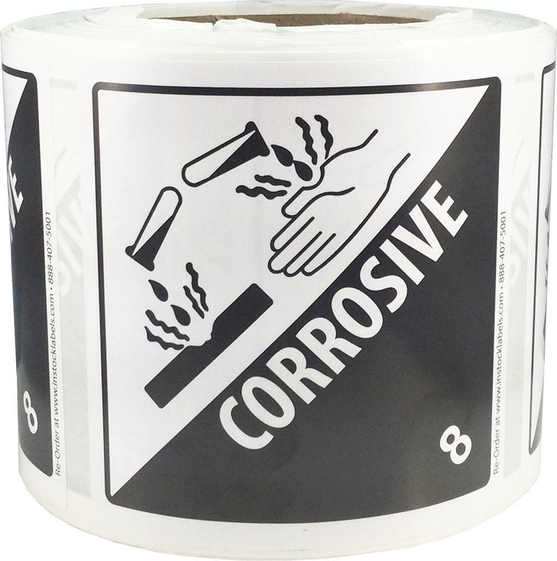 Hazard Class 8 D.O.T. Corrosive Labels, 4 x 4 Inch Square Black and White Hazmat Stickers, 500 Total Adhesive Shipping Labels on a Roll for Compliance – Made in the USA