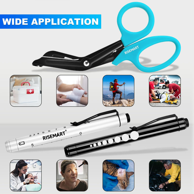 [Australia - AusPower] - Trauma Shears & Pen light for nurses - 7.5" Fluoride Coated Medical scissors and LED Penlight for Nurse, Doctor, First Aid, EMT, EMS, Nursing (Black Bandage Scissor + Black & Blue Pen lights) Blue Scissor and Black&blue Penlight 