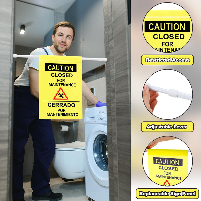 Fanfanwin 2 Pack Restroom Closed for Maintenance Sign with English & Spanish Doorway Barricade Sign with Adjustable Pole Yellow Hanging Doorway Safety Banner for Janitorial Use, Facility Maintenance