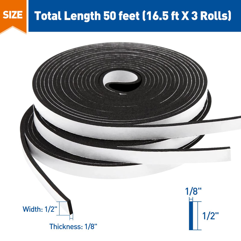 [Australia - AusPower] - MAGZO Weather Stripping Door Seal, 1/2 Inch Wide X 1/8 Inch Thick Adhesive Foam Tape Soundproof Weatherstripping for Windows, 3 Rolls Total 50FT Black 1/2in * 1/8in * 50FT 