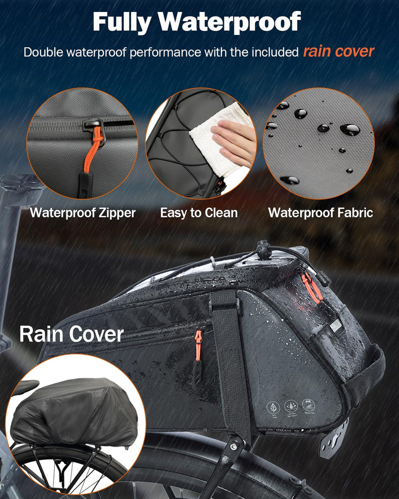 Insulated Rear Bike Rack Bag with Rain Cover, 10L Waterproof Backpack Shoulder Saddle bag for Bicycles, Reflective Cycling Seat Storage Bag for Warm or Cold Items for Camping Travel Outdoor Black+Rain Cover
