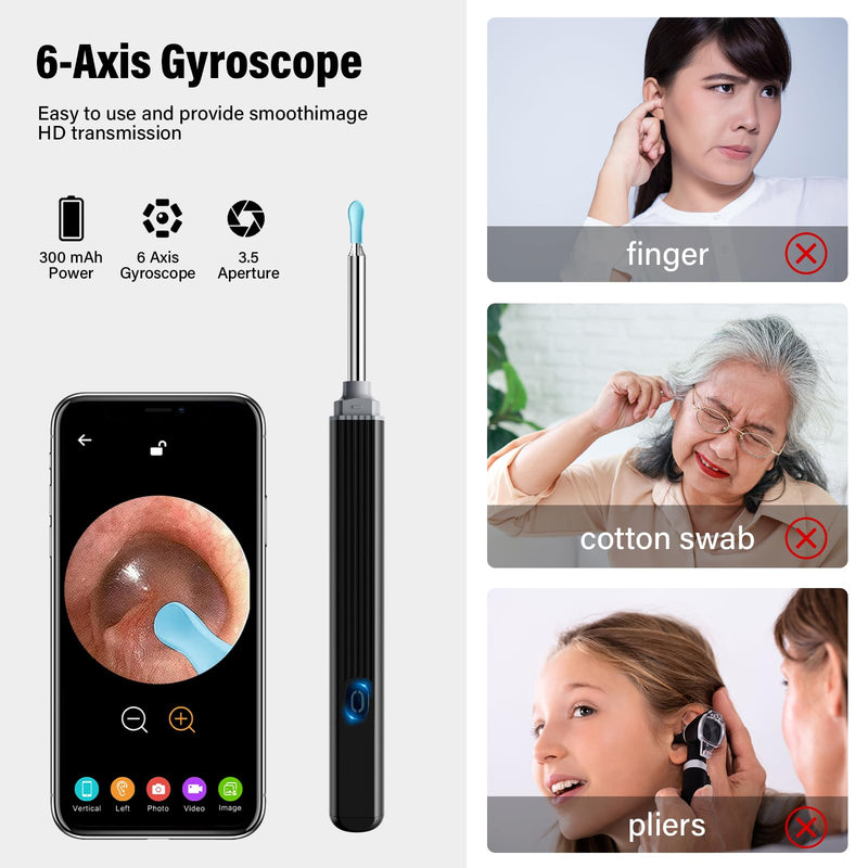 Earwax Remover Otoscope, Morelax 1080P WiFi Ear Cleaner, IP67 Waterproof with 360° Camera, Ear Endoscope with 6 LEDs for iPhone, Android, iPad, Adults, Children and Pets (Black) Black