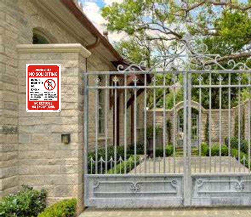 [Australia - AusPower] - 2 Pack Absolutely No Soliciting Yard Sign for House -10" x 7" No Excuses No Exceptions Do Not Ring Bell No Knock Metal Sign for Front Door，UV Protectd Rust & Fade Resistant 10" x 7" 